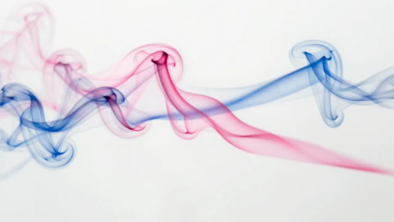 Wispy pastel pink and blue smoke swirls and drift across a plain white background.