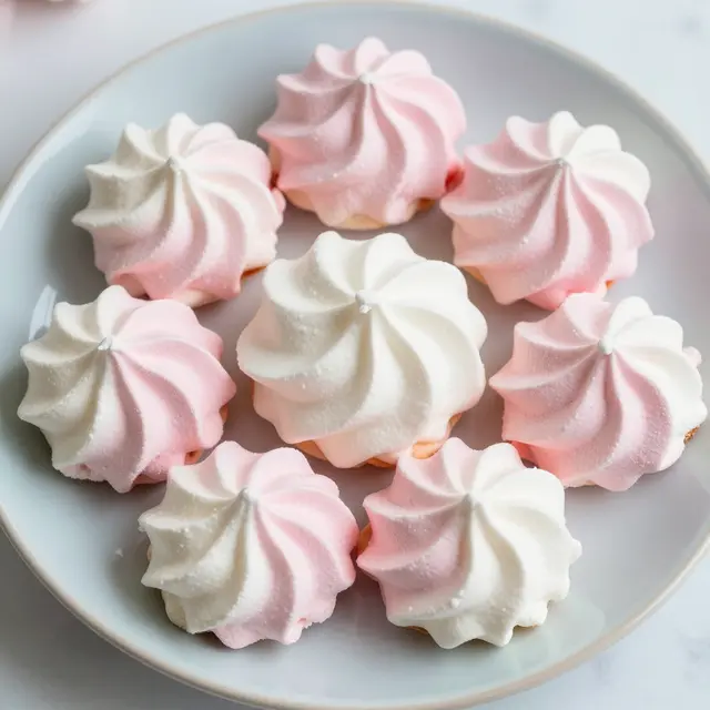 Top down view of swirled pink and white meringue cookies arranged on a light pastel plate