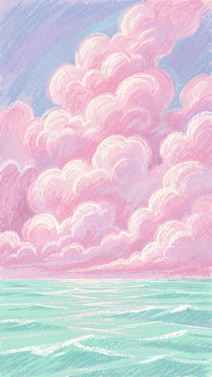 Vertical pastel chalk drawing of fluffy glowing pink clouds rising above a gentle mint green sea