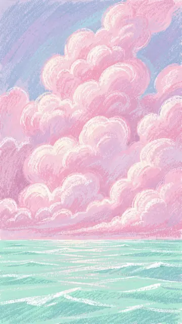 Vertical pastel chalk drawing of fluffy glowing pink clouds rising above a gentle mint green sea