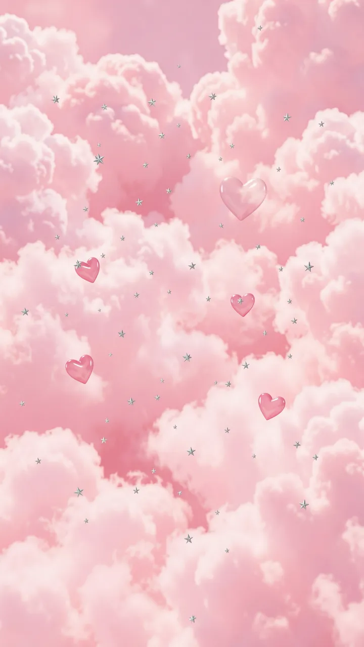 Fluffy pastel pink clouds are accented with floating glossy pink hearts and tiny silver star details.