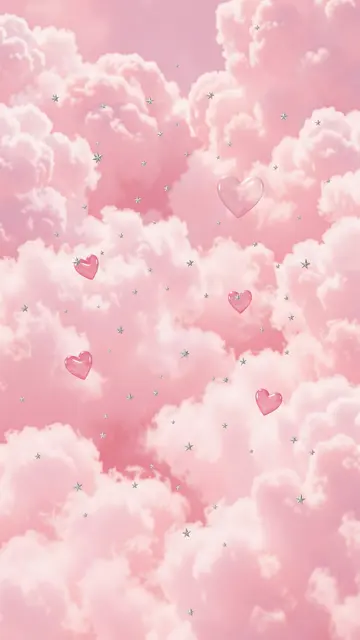 Fluffy pastel pink clouds are accented with floating glossy pink hearts and tiny silver star details.