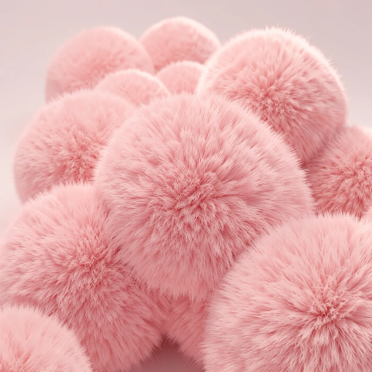Cluster of soft pastel pink fluffy fur-covered spheres against a matching pale pink background