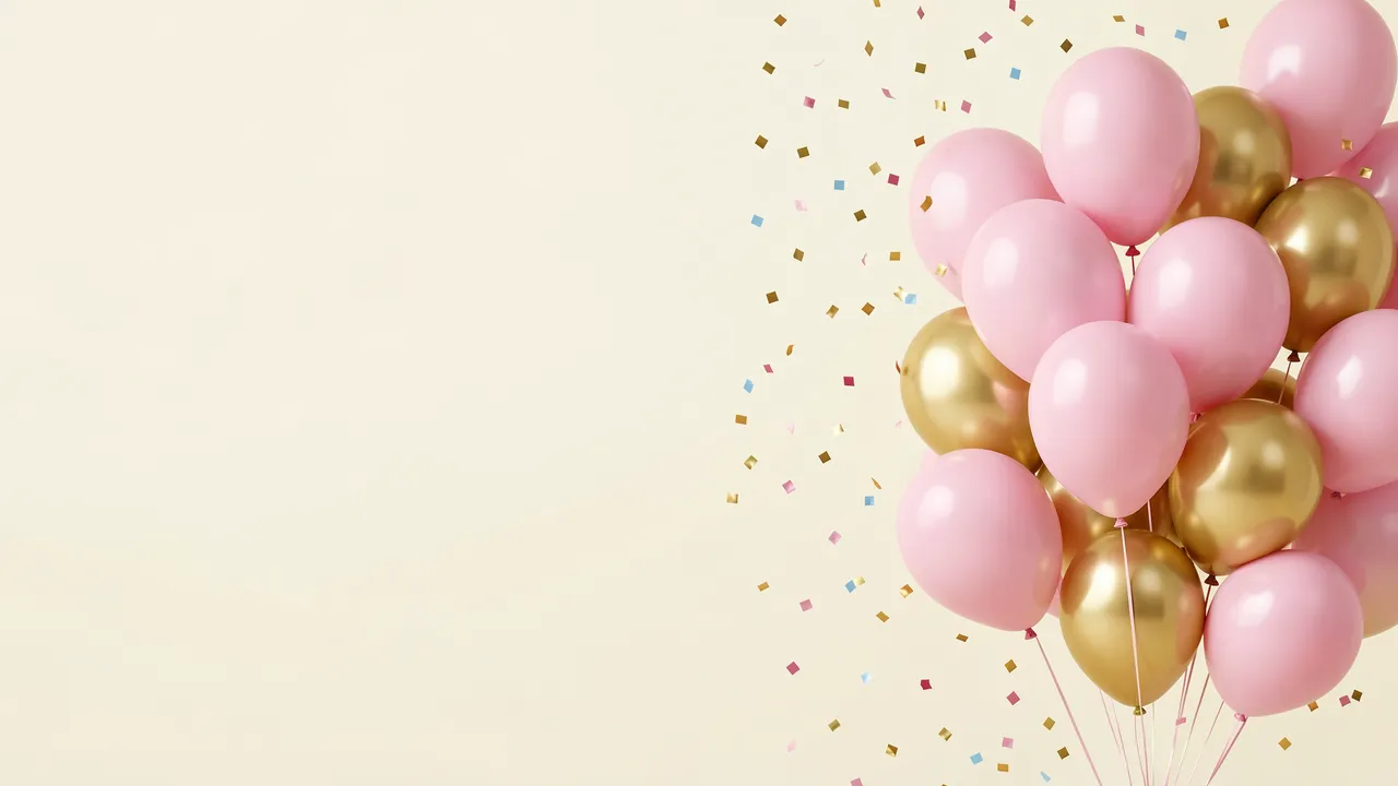 Clustered pink and gold balloons with falling confetti sit on the right of a plain cream background with empty copy space on