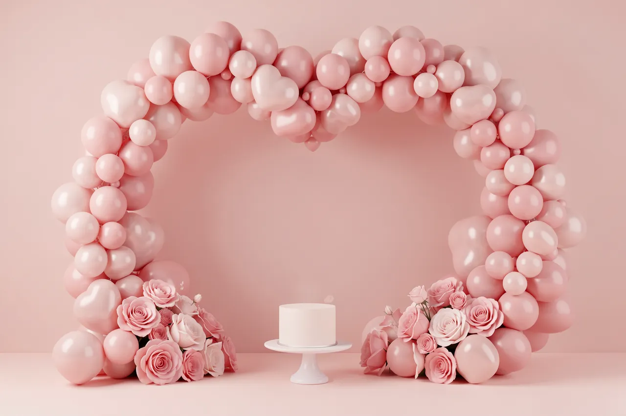 Soft pastel pink heart balloon arch with rose arrangements and a small cake on a stand against a matching pink background
