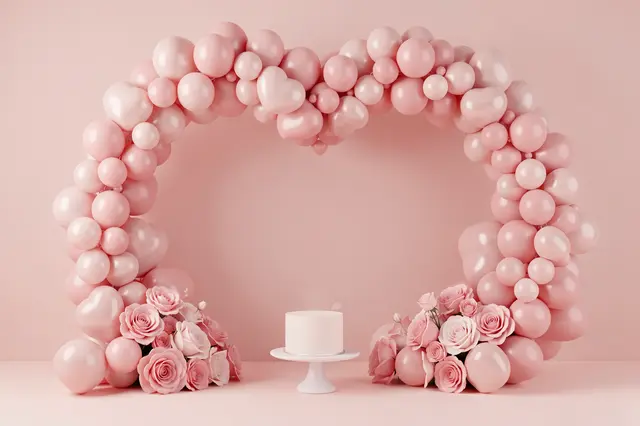 Soft pastel pink heart balloon arch with rose arrangements and a small cake on a stand against a matching pink background