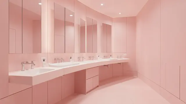 Long row of sinks in a soft light filled pastel pink public bathroom with wall mirrors