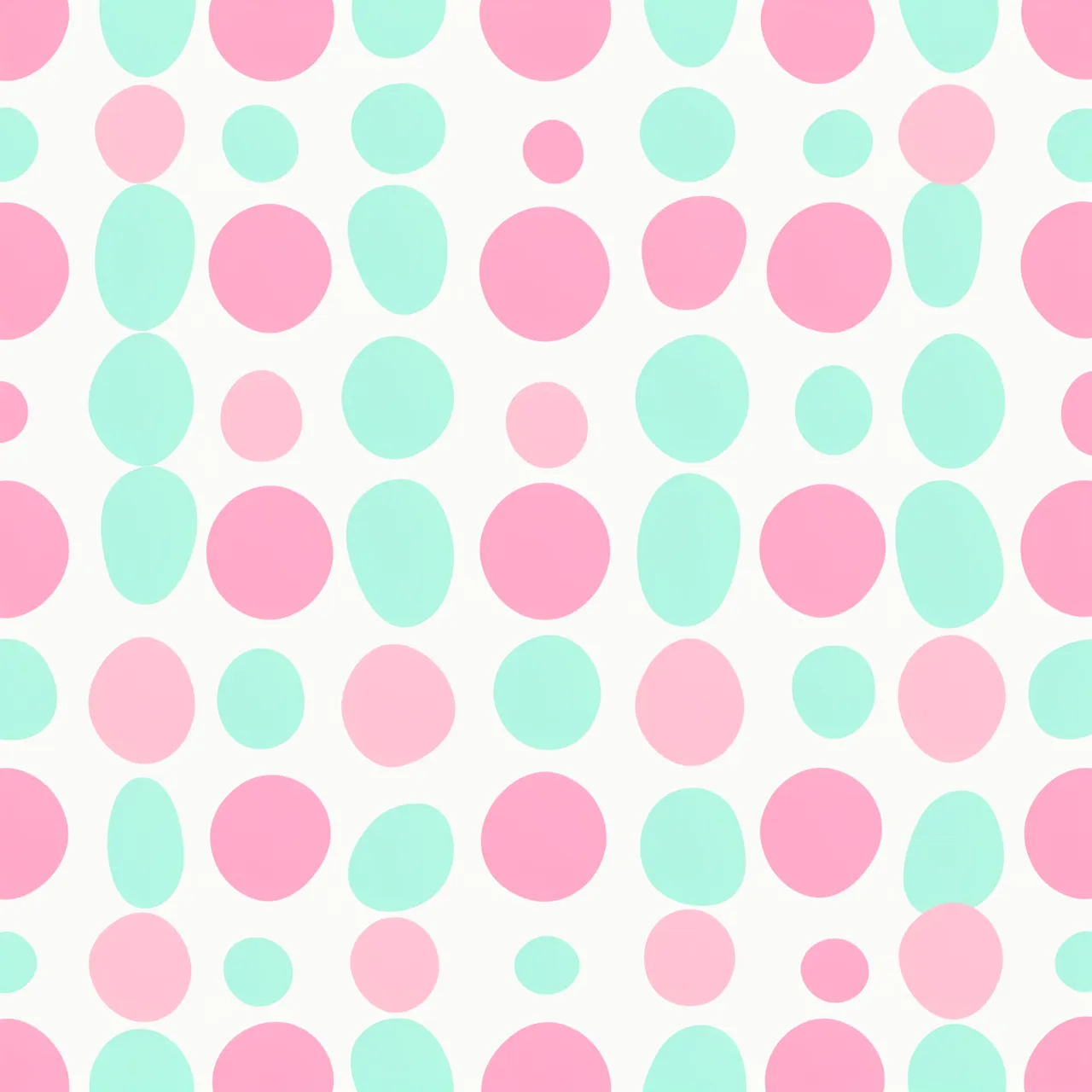 Seamless pattern of soft pink and mint rounded dots on an off-white background