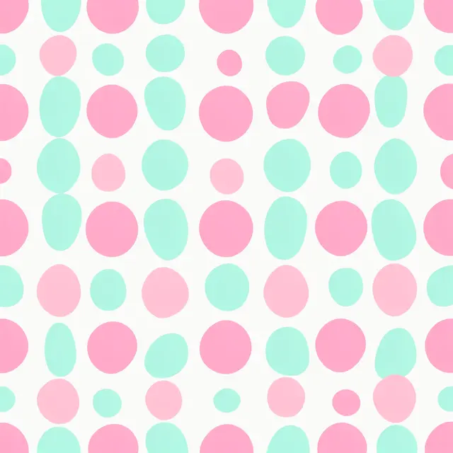 Seamless pattern of soft pink and mint rounded dots on an off-white background