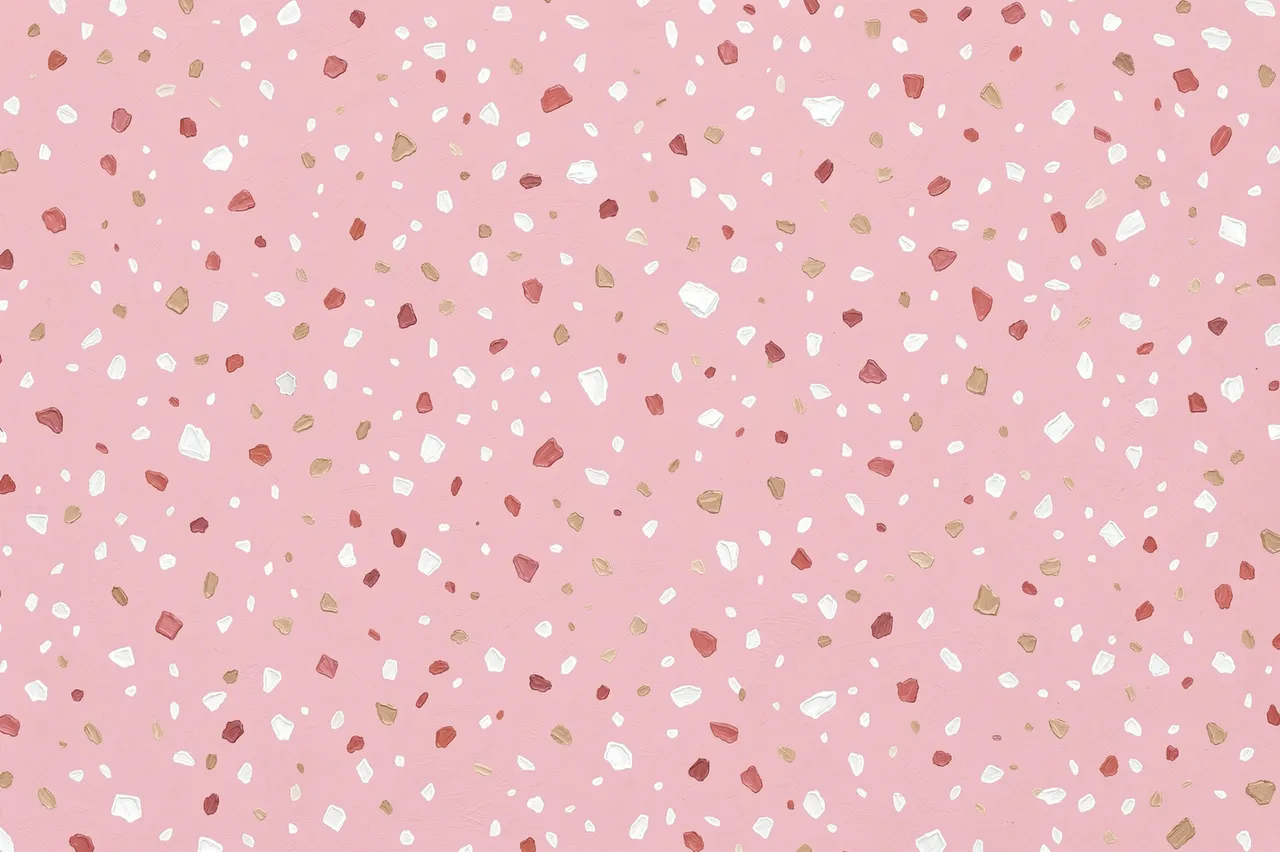 Hand-painted uneven terrazzo pattern with white, rose, and beige chips on a soft light pink base