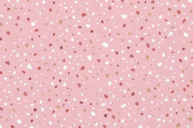 Hand-painted uneven terrazzo pattern with white, rose, and beige chips on a soft light pink base