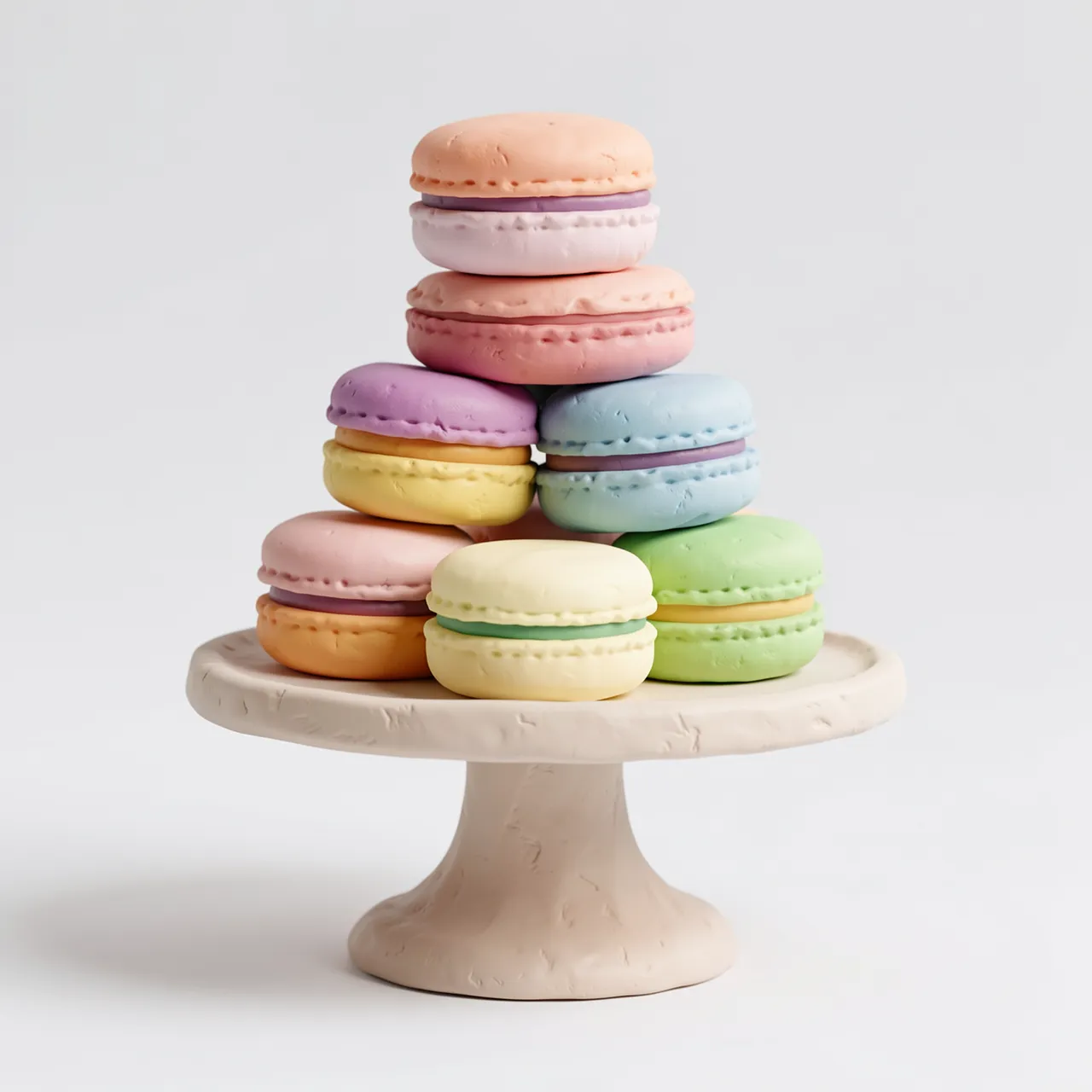 Handmade plasticine pastel macarons stacked on a small clay cake stand against a neutral light gray background