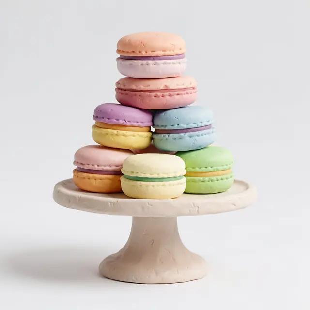 Handmade plasticine pastel macarons stacked on a small clay cake stand against a neutral light gray background