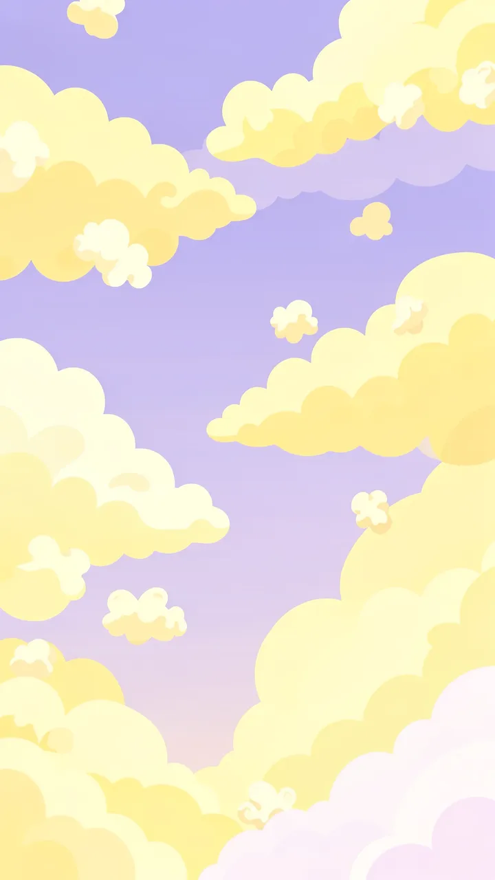 Vertical flat illustration of fluffy popcorn-shaped clouds against a soft lilac gradient sky