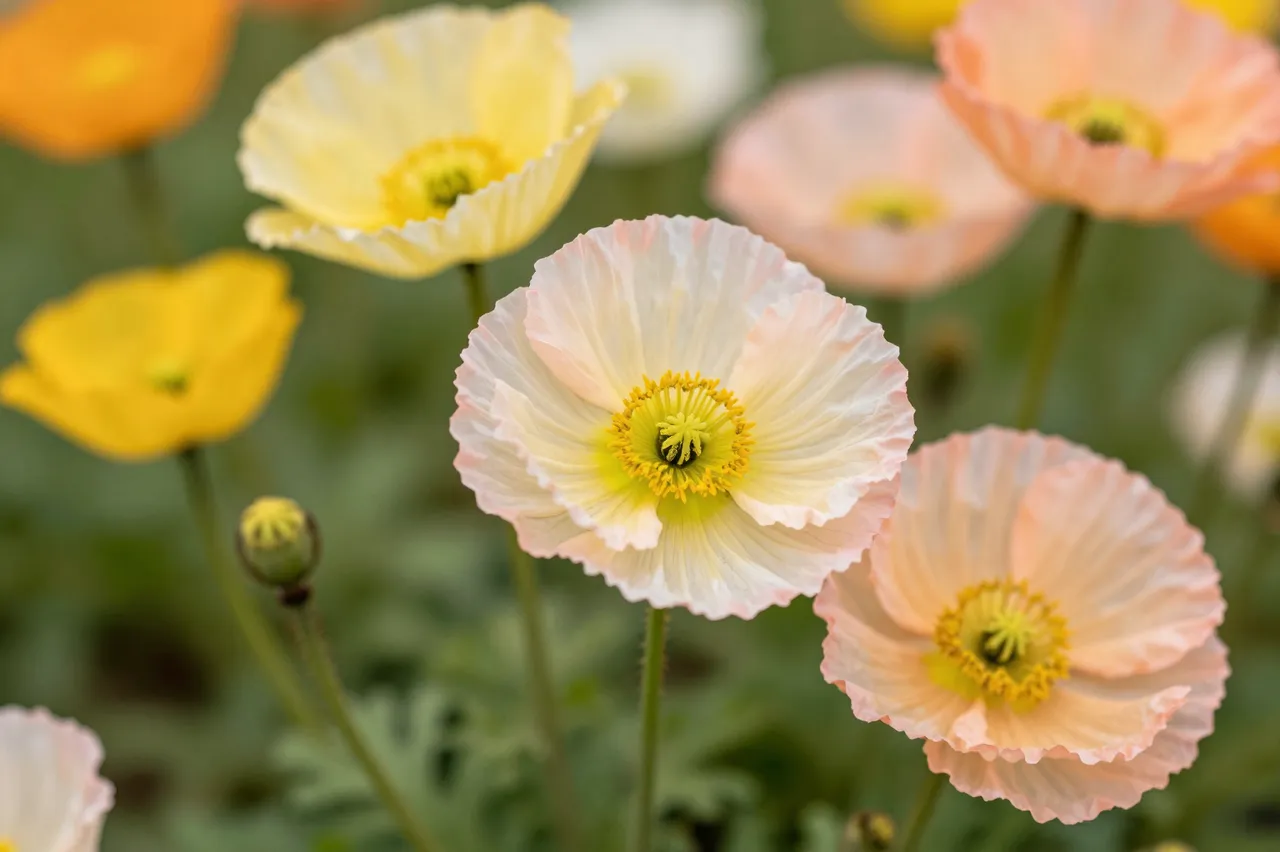 Sharp foreground pastel yellow and peach poppies with crinkled petals against soft blurred green foliage.