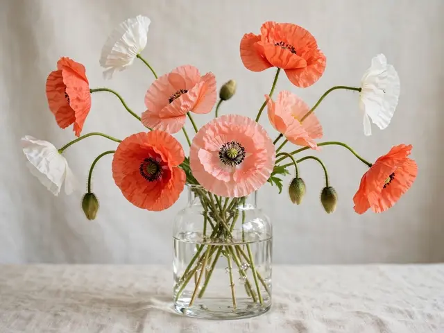 Coral, peach and white poppies with curving fuzzy stems sit in a clear glass vase on linen
