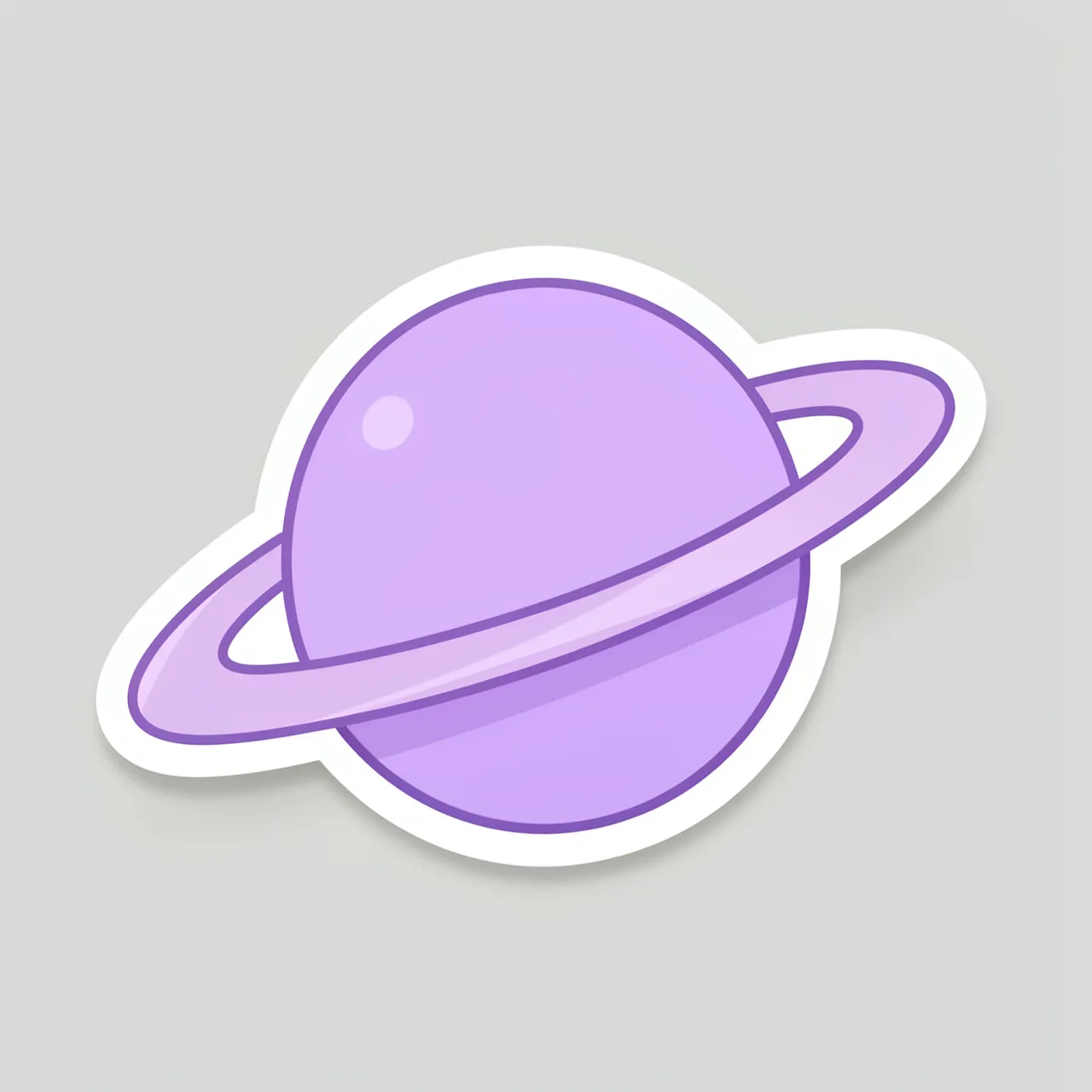 A cute flat illustration of a pastel purple ringed planet die-cut sticker with a white border on a light gray background