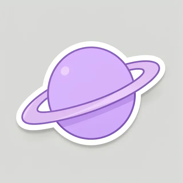 A cute flat illustration of a pastel purple ringed planet die-cut sticker with a white border on a light gray background