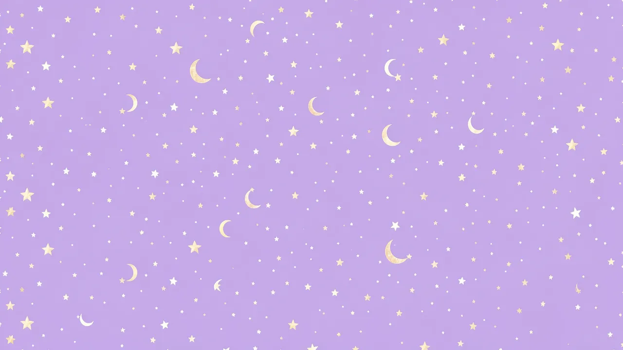 A seamless decorative pattern of tiny gold and white stars and crescent moons on a soft pastel purple background.