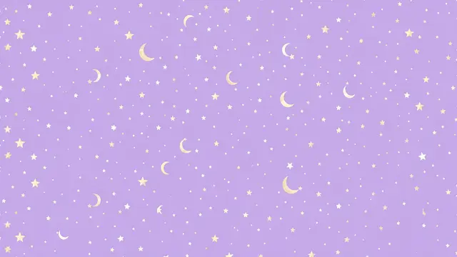 A seamless decorative pattern of tiny gold and white stars and crescent moons on a soft pastel purple background.
