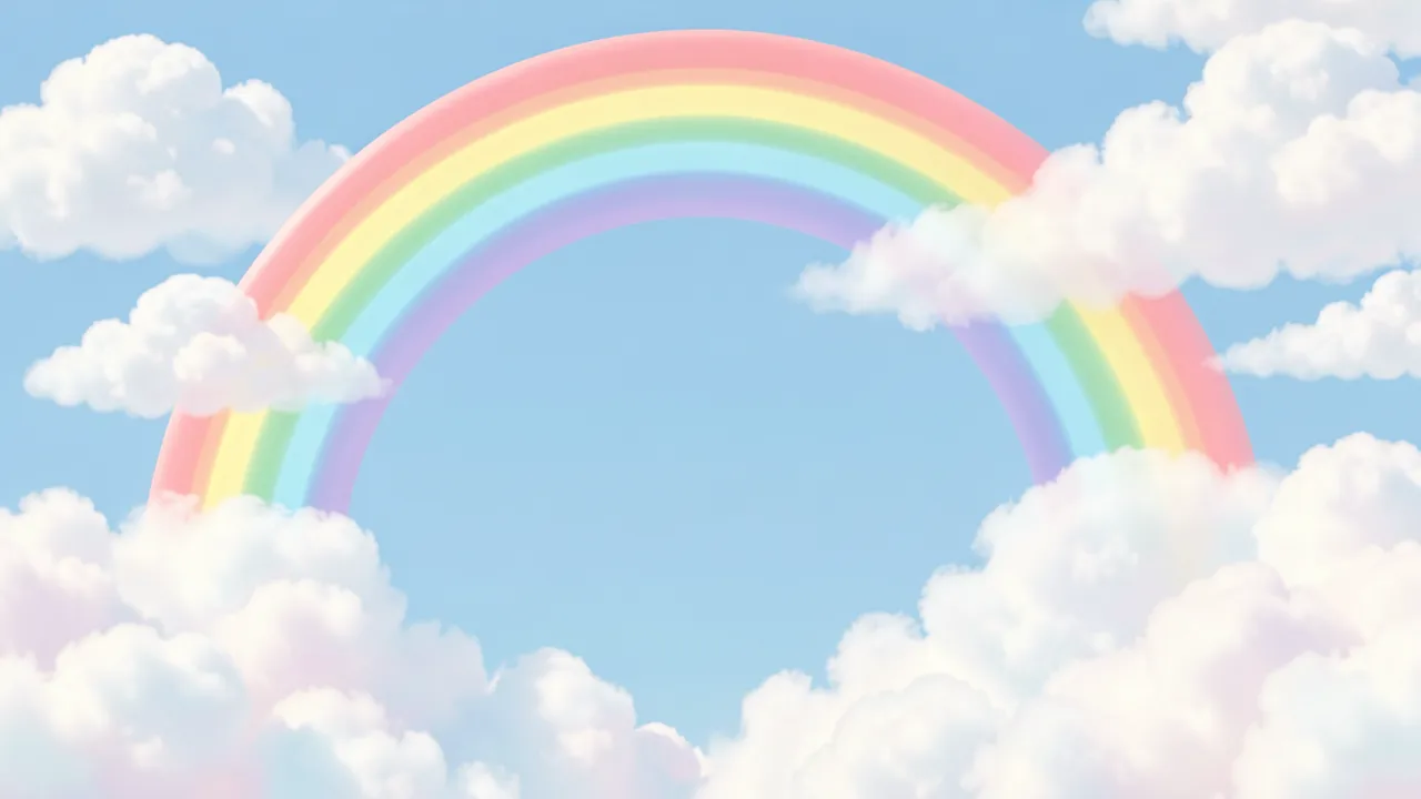 A soft pastel rainbow arcs across a light blue sky surrounded by fluffy white clouds with blank central copy space