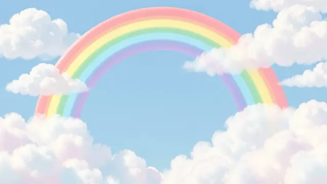 A soft pastel rainbow arcs across a light blue sky surrounded by fluffy white clouds with blank central copy space