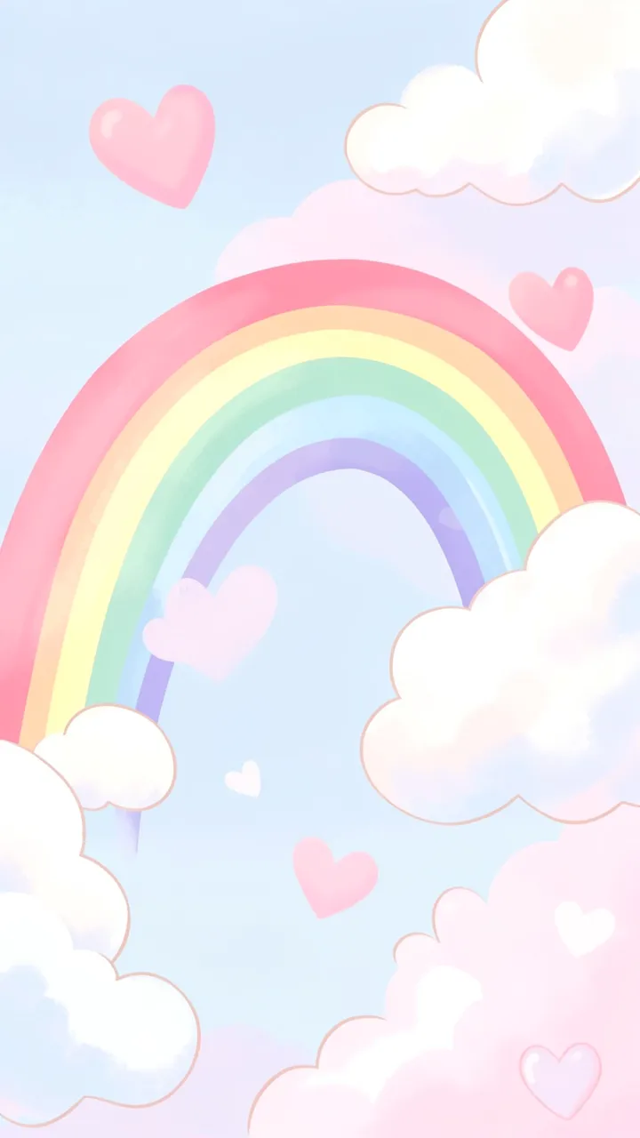 A soft vertical pastel illustration of a rainbow among fluffy clouds and floating pink hearts on a light blue sky.