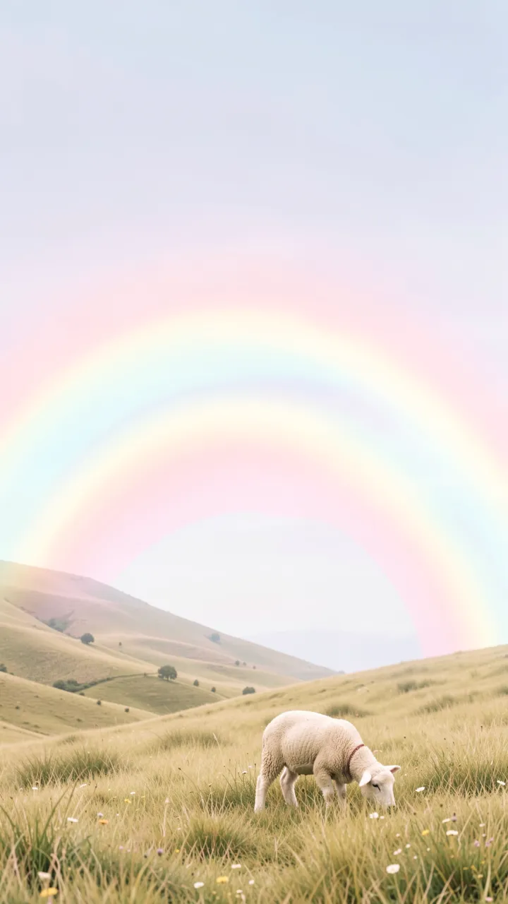 A grazing lamb stands in grassy rolling hills beneath soft pastel double rainbows with empty sky copy space above