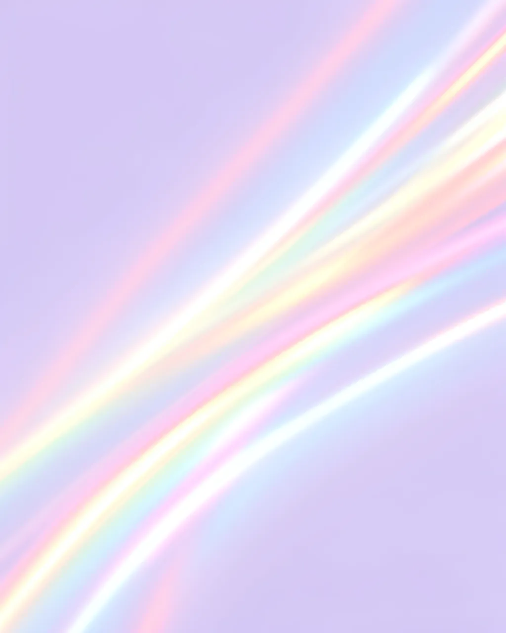 Soft diagonal pastel rainbow light streaks glow across a pale lilac background