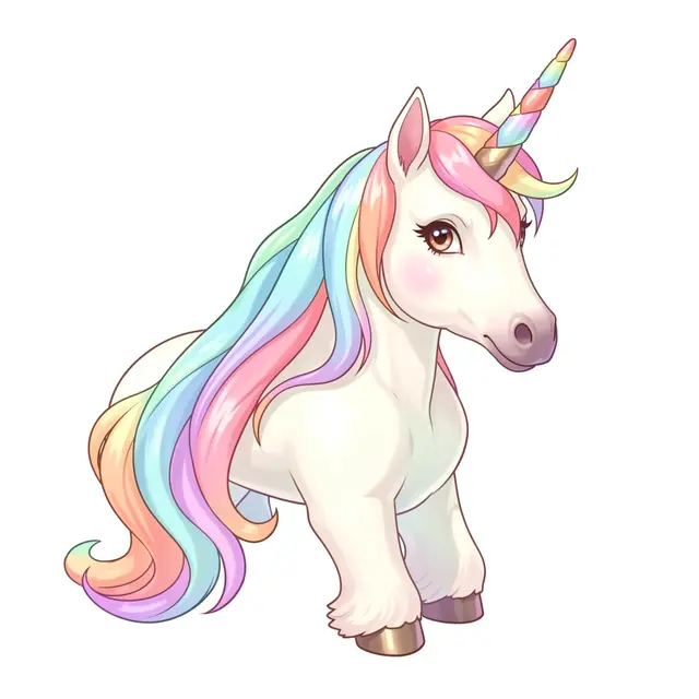 Cute storybook style illustration of a pastel unicorn with a rainbow mane against a plain white background