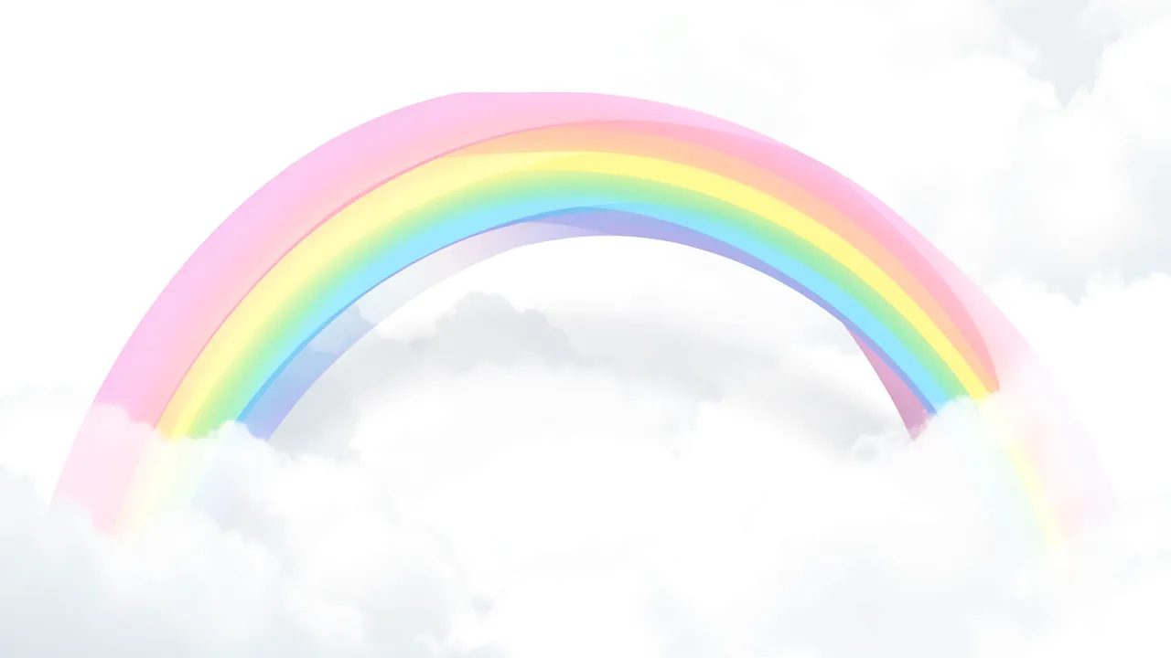A translucent pastel rainbow arching gently across fluffy white cloud cover