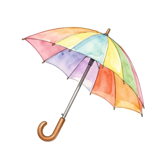 Side view of an open pastel rainbow panel umbrella with a wooden hook handle on a plain white background