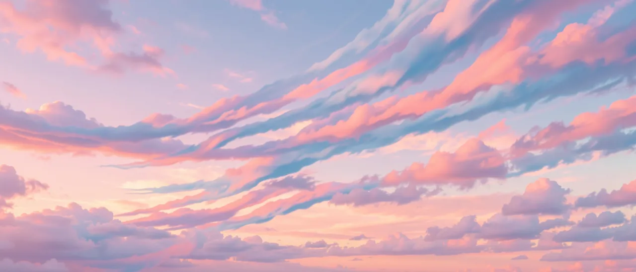 Streaked pink and blue ribbon clouds stretch across a soft pastel dawn sky