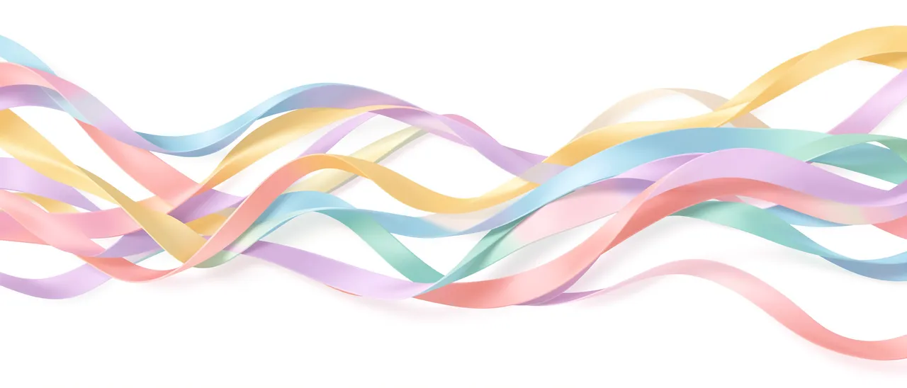Wavy overlapping pastel ribbons flow horizontally across a clean white background