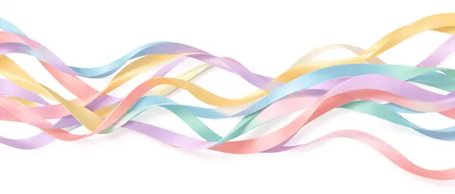 Wavy overlapping pastel ribbons flow horizontally across a clean white background