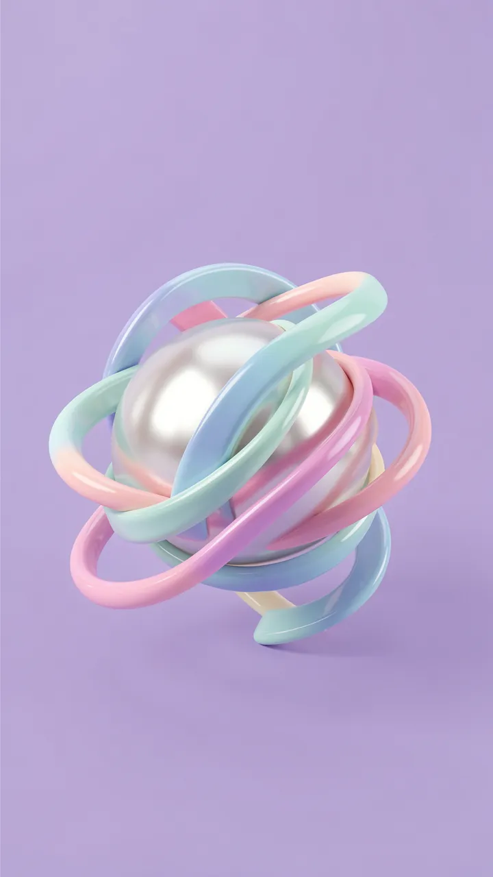 Glossy gradient pastel ribbons loop around a pearlescent sphere on a solid lilac background
