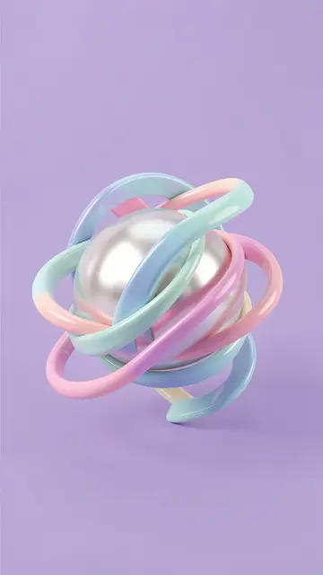 Glossy gradient pastel ribbons loop around a pearlescent sphere on a solid lilac background