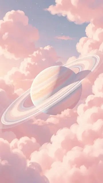 A soft pastel ringed planet floats among fluffy pink clouds and faint distant stars