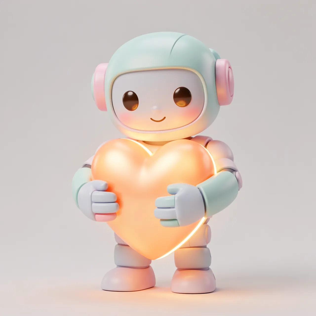 Cute pastel 3D robot holds and hugs a large warm glowing heart against a plain light gray background