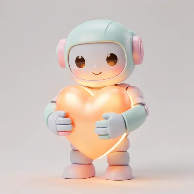 Cute pastel 3D robot holds and hugs a large warm glowing heart against a plain light gray background