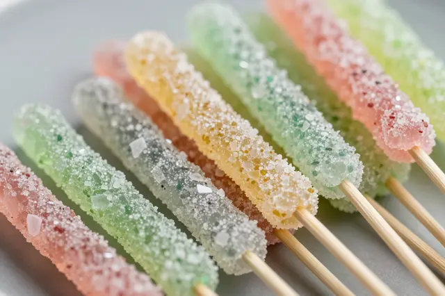 Close-up of assorted pastel colored rock candy sticks arranged on a light gray plate