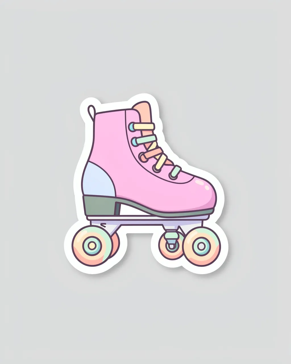 A cute die-cut sticker illustration of a pastel pink roller skate with a thick white border on a light gray background