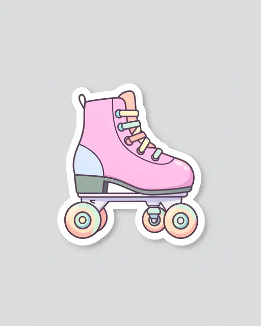 A cute die-cut sticker illustration of a pastel pink roller skate with a thick white border on a light gray background
