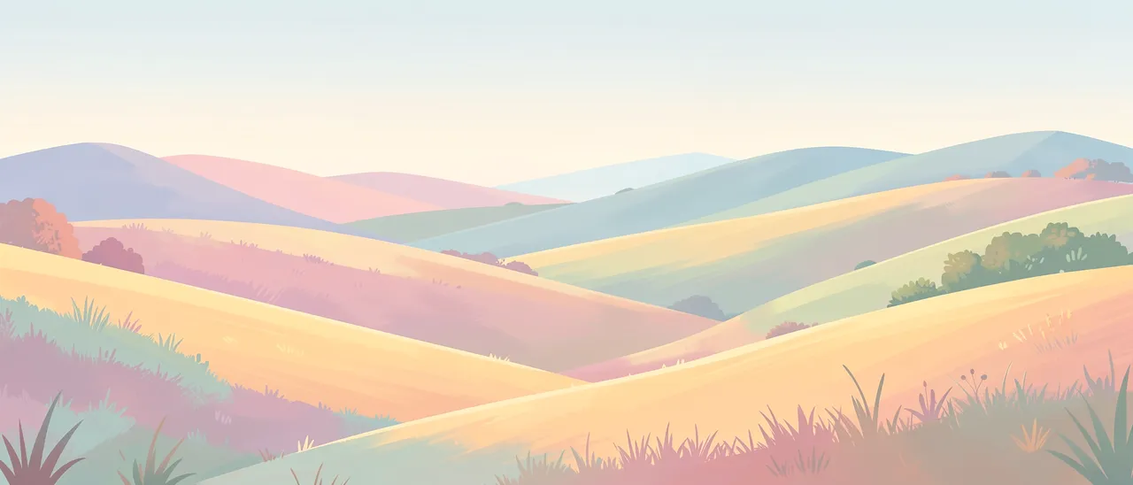 Wide illustrated landscape of layered rolling hills in soft pastel tones under a pale gradient sky
