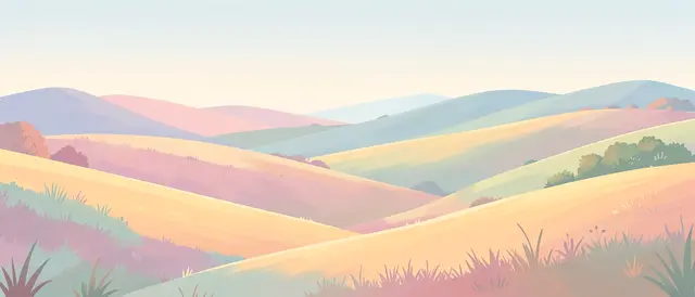 Wide illustrated landscape of layered rolling hills in soft pastel tones under a pale gradient sky