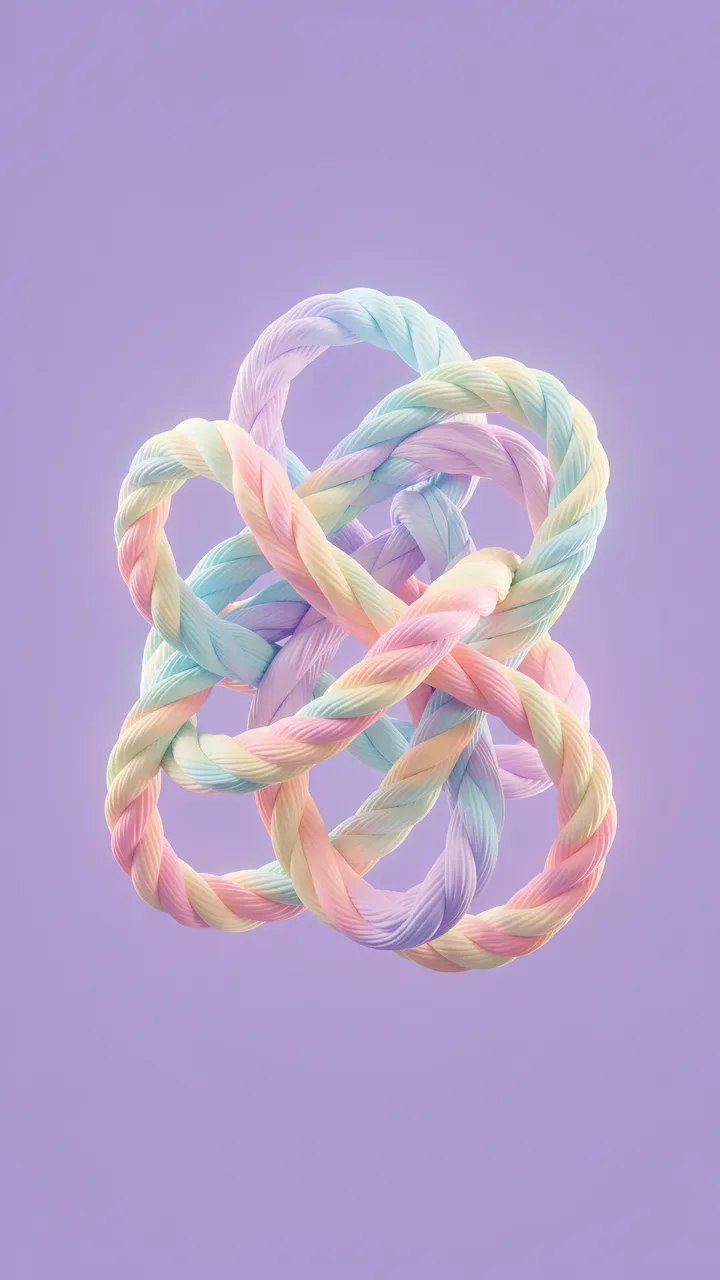 A glowing gradient pastel braided rope knot floats against a soft solid lavender background