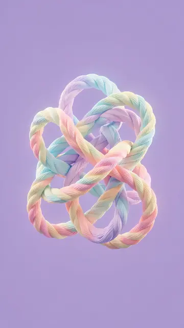 A glowing gradient pastel braided rope knot floats against a soft solid lavender background