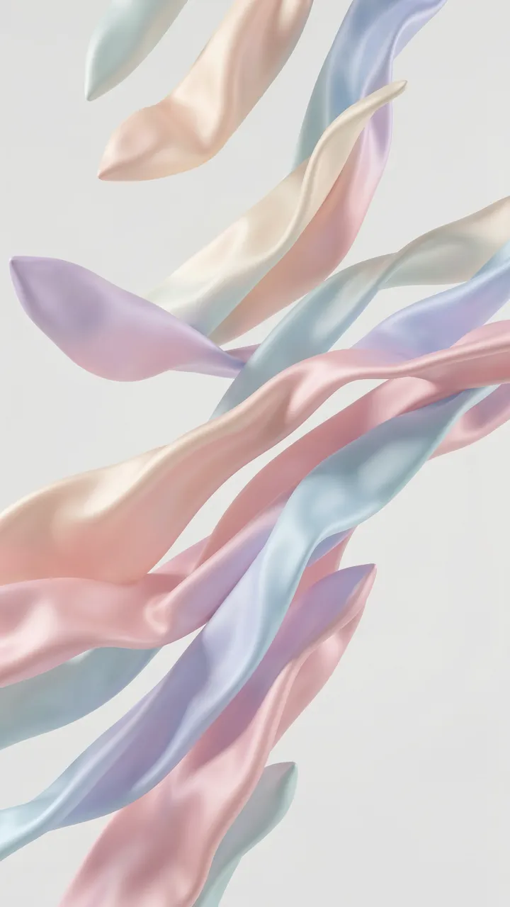 Soft pastel satin ribbons flow and drift upward against a pale neutral background