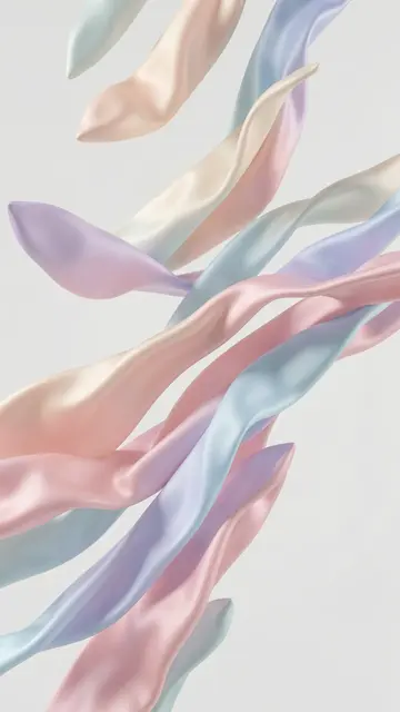 Soft pastel satin ribbons flow and drift upward against a pale neutral background