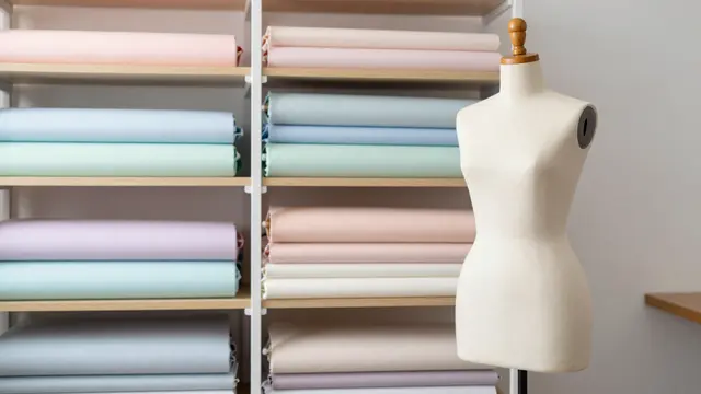 A beige dress form stands next to shelves stacked with neatly rolled pastel fabric bolts